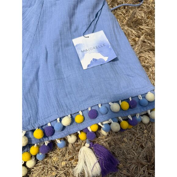 Revolve Majorelle Fiji Blue Cutout Shorts Romper with Pom Pom Trim NWT - Picture 7 of 7